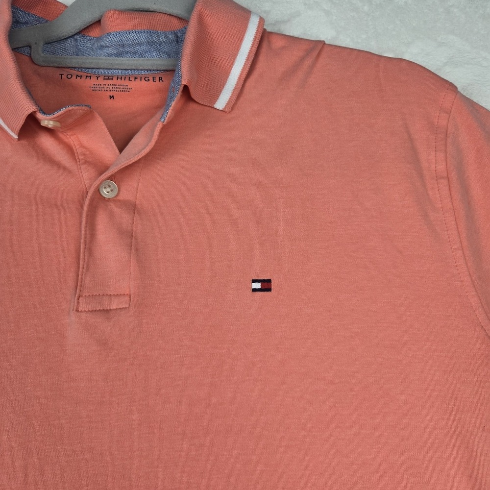 Tommy Hilfiger Men's Orange Pink Polo Size‎ Medium White Piping Logo - Picture 2 of 8